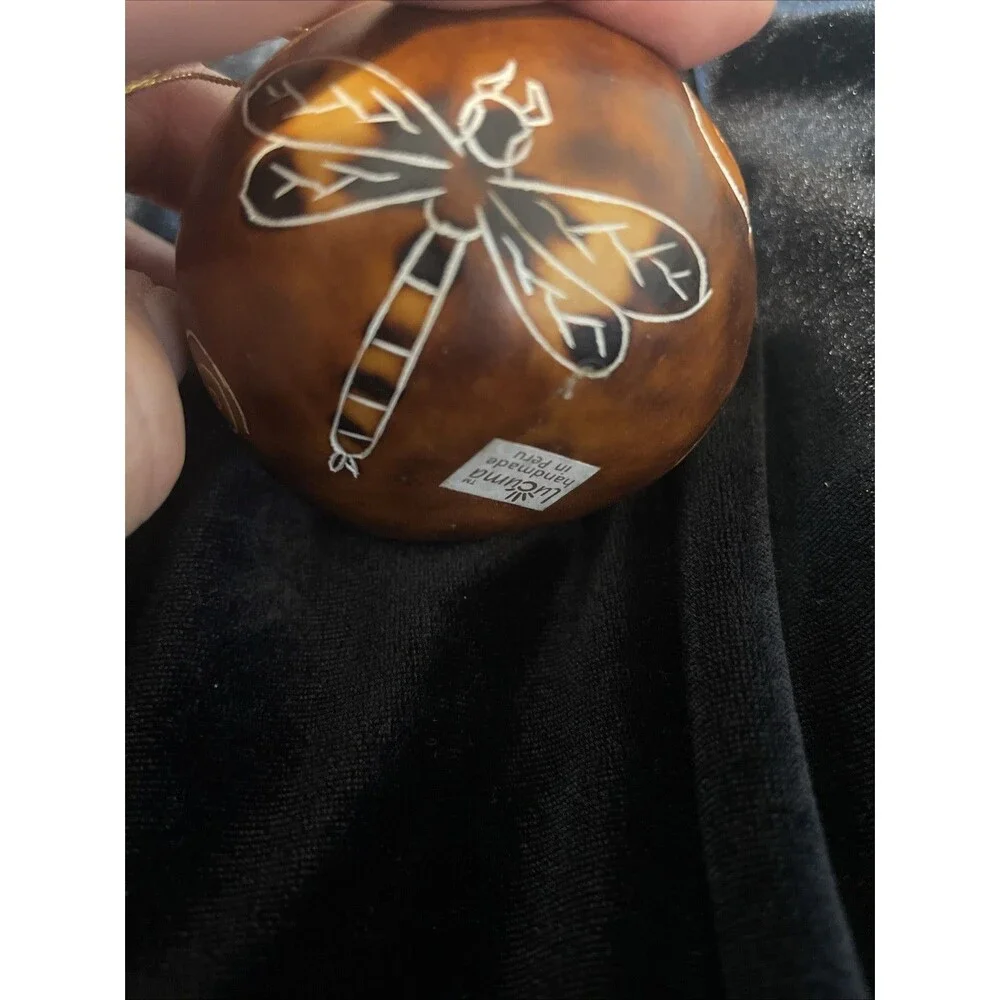 Hand Carved Gorde Peruvian Lucuma  Swirls & Dragonflies Christmas Ornament